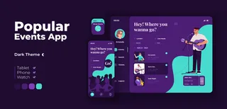 流行事件应用程序屏幕自适应设计模板。夜总会应用夜模式界面与扁平字符。音乐会门票预订平台智能手机，平板电脑，智能手表卡通用户界面。