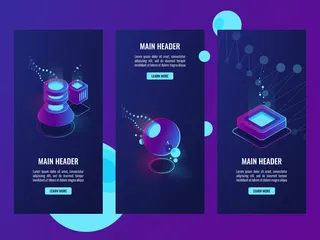 带有服务器室和数据库图标的横幅banner集，数据科学