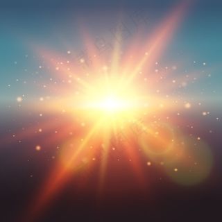 真实的夜光春天日出或日落时的阳光与镜头耀斑光束和粒子矢量插图