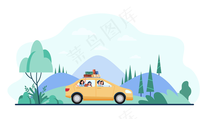 一个快乐的家庭，带着露营装备开车旅行。