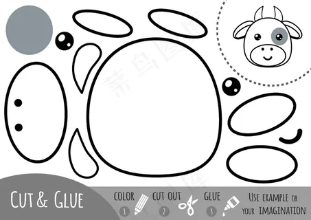儿童教育纸游戏，牛。使用剪刀和胶水来创建图像。