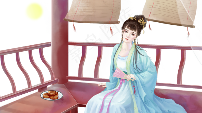 古装女子中秋节日凉亭内纳凉赏月(3543X4724(DPI:150))psd模版下载