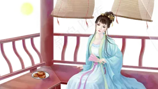 古装女子中秋节日凉亭内纳凉赏月