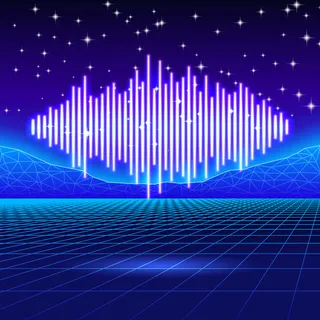 复古游戏霓虹灯背景与闪亮的音乐波