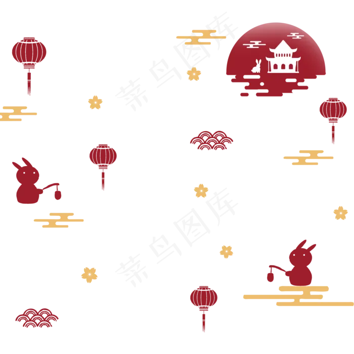 中秋红色金色兔子云月亮漂浮(2000X2000(DPI:300))psd模版下载