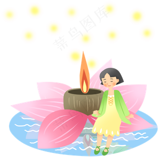 中元节坐在花灯女孩