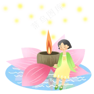 中元节坐在花灯女孩