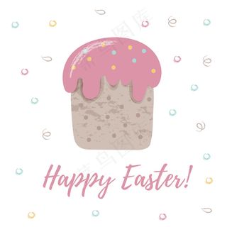带蛋糕的贺卡。印有“复活节快乐”字样的春季插画假日可爱概念