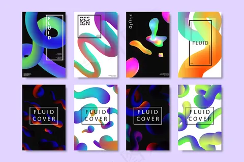 一套具有几何梯度流体形状的写实宣传册，用于在明亮的背景上进行装饰和覆盖。