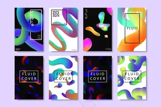 一套具有几何梯度流体形状的写实宣传册，用于在明亮的背景上进行装饰和覆盖。