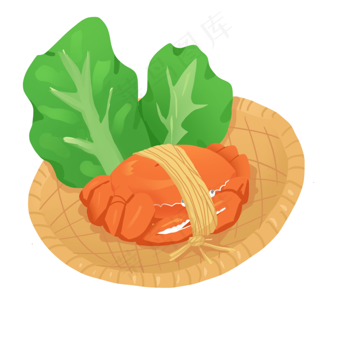 手绘竹篮里的大闸蟹PNG免抠素材