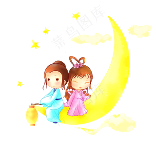 七夕主题卡通人物月亮下插图