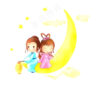七夕主题卡通人物月亮下插图