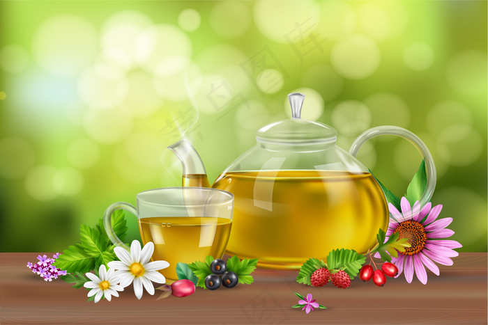 现实背景与绿茶在杯子和锅草药花和浆​​果在木质表面