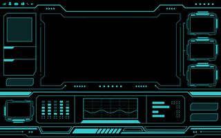 蓝色控制面板抽象技术，黑色背景上的未来感界面。