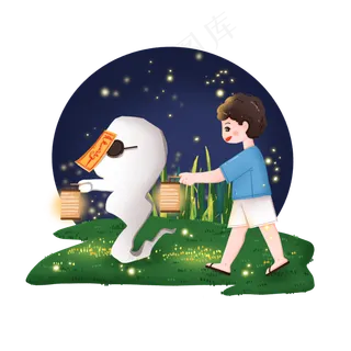 中元节和小鬼魂提灯出游的男孩