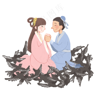 七夕牛郎织女鹊桥手绘