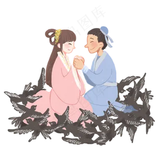 七夕牛郎织女鹊桥手绘