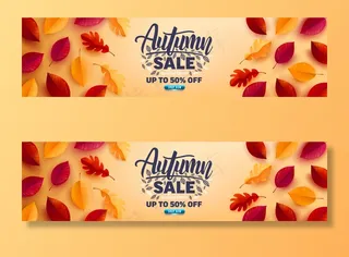 秋季销售海报和横幅banner模板，黄色背景上有秋天的彩叶