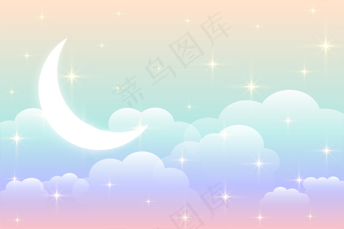 天空彩虹背景与发光的月亮设计eps,ai矢量模版下载