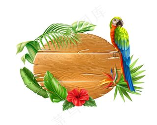 逼真的鹦鹉坐在木制标志前，上面有热带花卉和树叶。异国情调的。