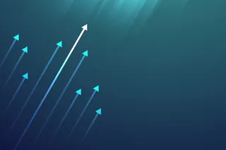 深蓝色背景上的亮箭头向上电路，带有复制空间复制插图，业务增长概念。