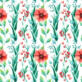 花卉无缝图案，植物水彩。