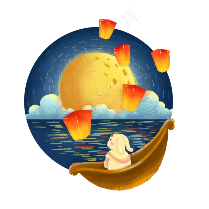 中秋节玉兔赏月创意手绘可商用元(2000X2000(DPI:300))psd模版下载