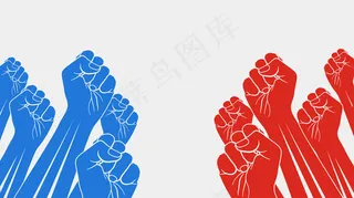 一组红色举起的拳头与一组蓝色举起的拳头相对应，隔离在白色背景上。对抗，对立概念。