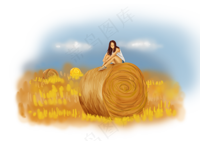 立秋手绘麦田里的女孩(4961X3508(DPI:300))psd模版下载