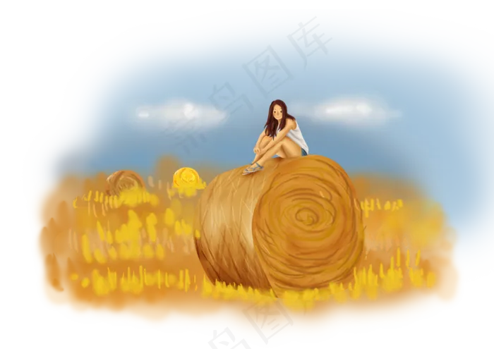 立秋手绘麦田里的女孩(4961X3508(DPI:300))psd模版下载