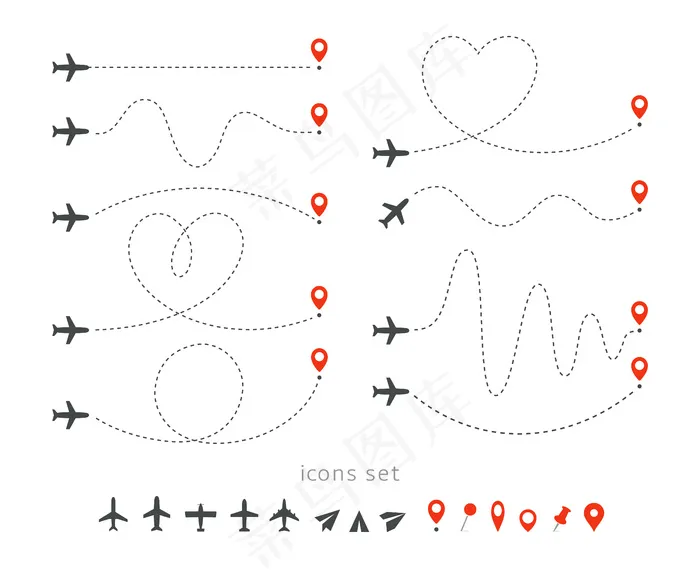 设置飞机旅行路线图标。客机的起飞和降落。飞行路线信息图元素。eps,ai矢量模版下载