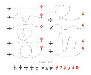 设置飞机旅行路线图标。客机的起飞和降落。飞行路线信息图元素。