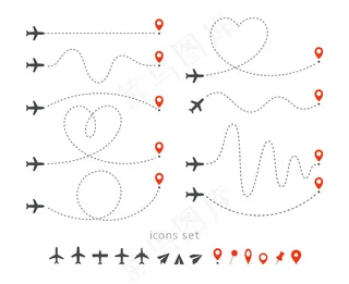设置飞机旅行路线图标。客机的起飞和降落。飞行路线信息图元素。