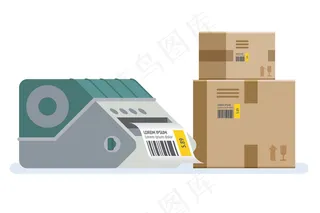 带盒标签打印机。用条形码标记的包装箱。