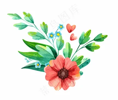 水彩插花与春天的植物-海葵和忘我。 水彩插花与春天的植物-海葵和忘我。