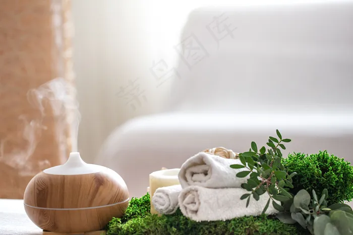 Spa成分带有现代精油扩散器和身体护理产品的香气