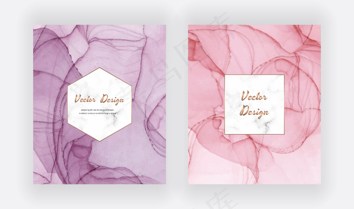紫色和粉红色酒精墨水卡与几何大理石框架。现代抽象水彩设计。