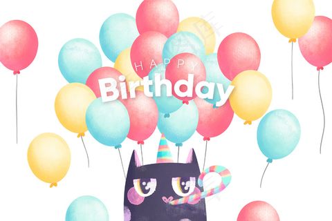 水彩生日快乐背景和派对猫