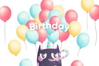 水彩生日快乐背景和派对猫