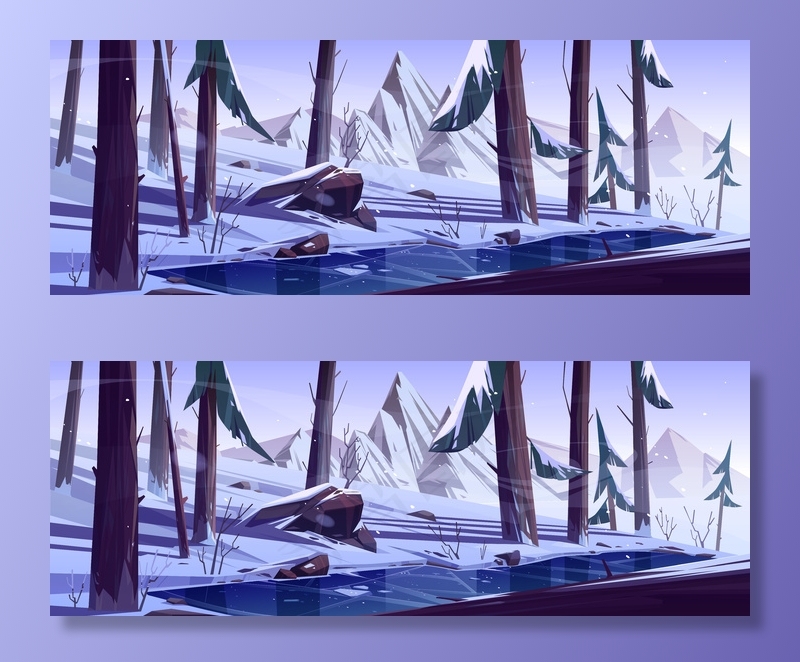 有冰冻池塘的冬季森林。有针叶树和雪山的自然景观，有冰湖、岩石、松树和灌木的野生公园或花园，卡通矢量插图