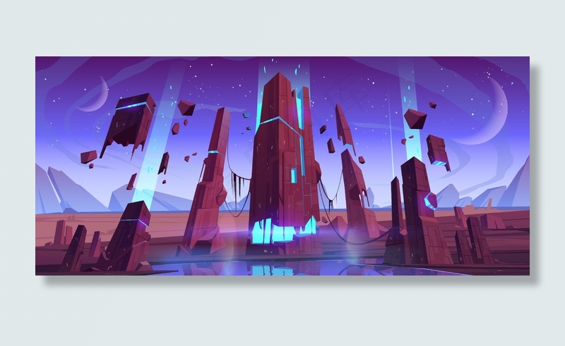 外星表面，未来的景观与发光和飞行的岩石，两个月亮在黄昏星空。科学发现，奇幻电脑游戏场景，卡通矢量插画