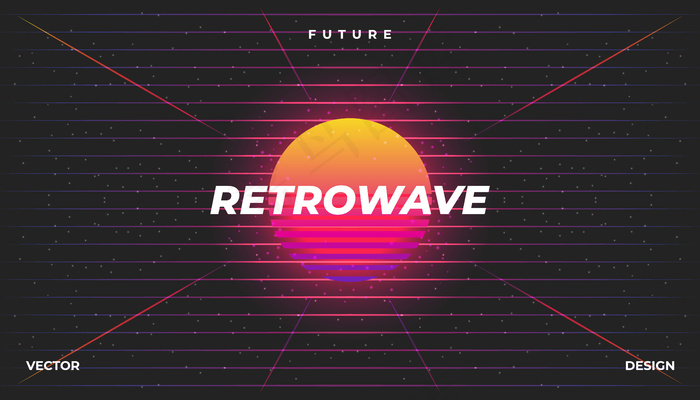 Retrowave赛博霓虹背景景观80年代风格。eps,ai矢量模版下载