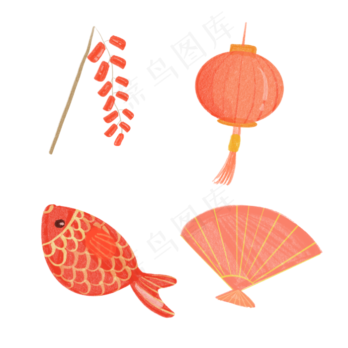 水彩新年鞭炮灯笼金鱼