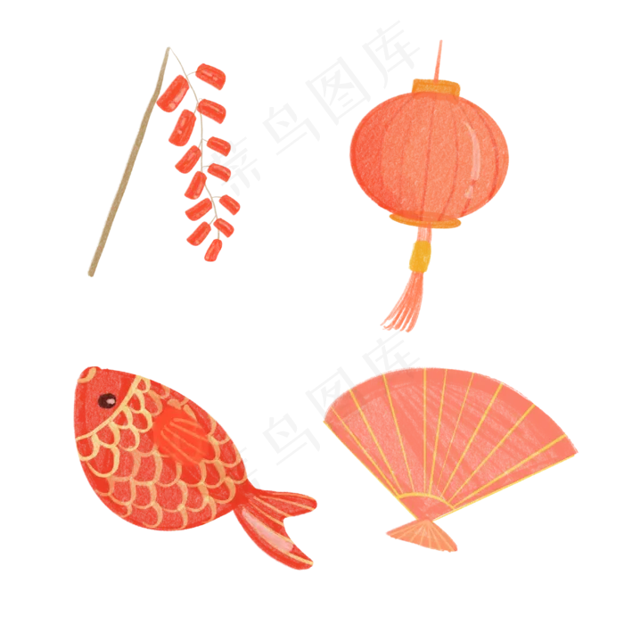 水彩新年鞭炮灯笼金鱼(3000X3000(DPI:300))psd模版下载
