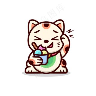 可爱的日本幸运猫吃了一杯冰激凌，得到了大脑发福卡通标志