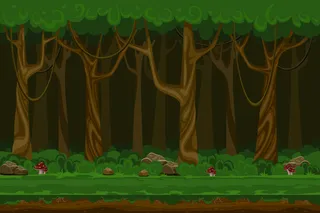 卡通电脑游戏夜间森林景观。绿化，自然环境，木草，