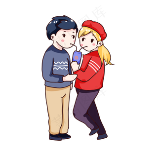 手绘卡通喝饮料情侣