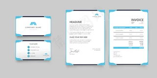 现代文具收藏蓝色名片，信笺和发票