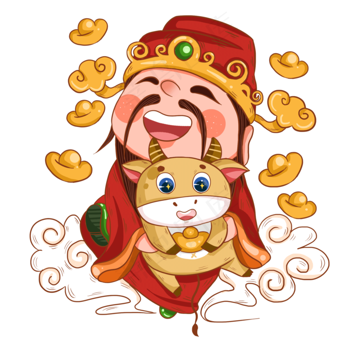 2021年春节牛年卡通财神和抱